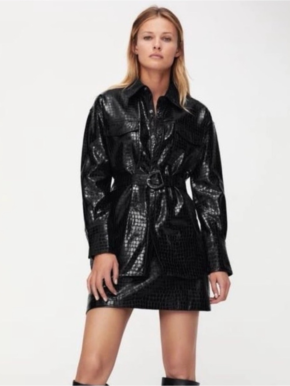 Zara Black Faux Croc Belted Jacket Coat